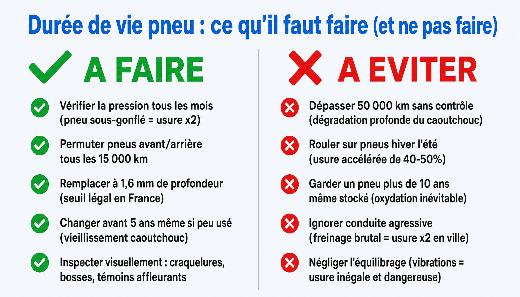 Infographie durée de vie pneu : bonnes pratiques vs erreurs à éviter pour prolonger vos pneus