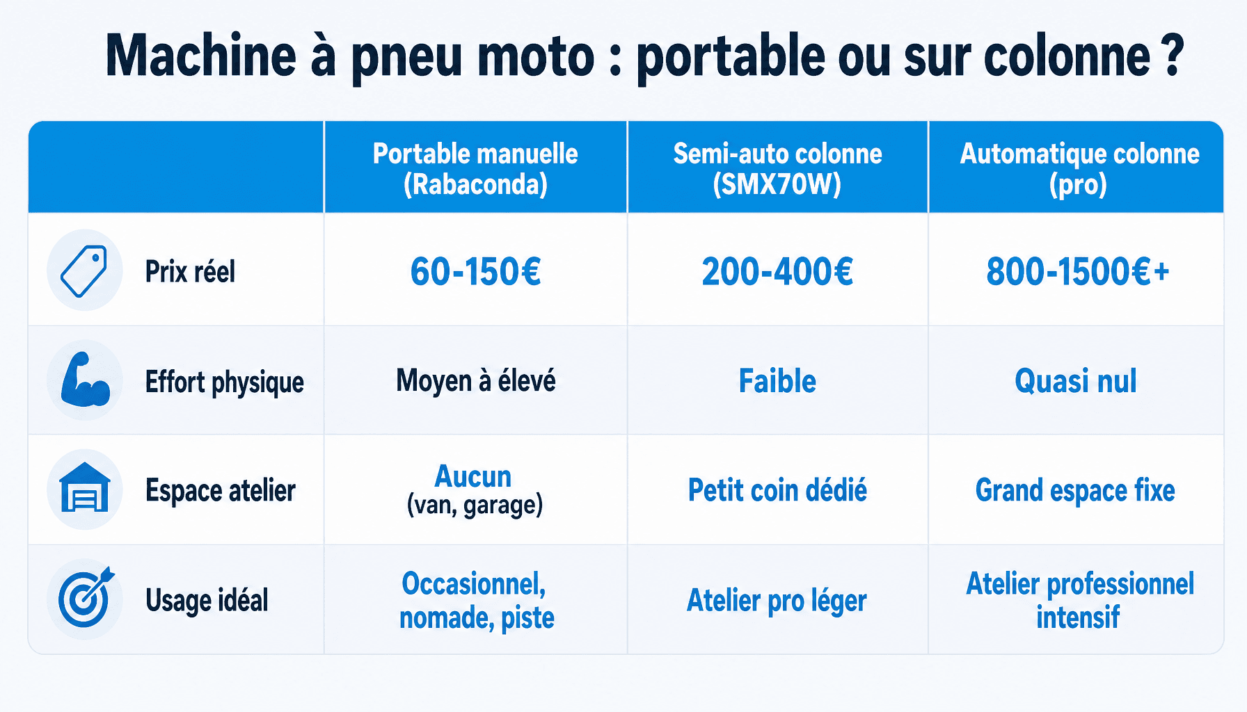 Comparaison machine à pneu moto portable vs colonne : prix, effort, espace, usage