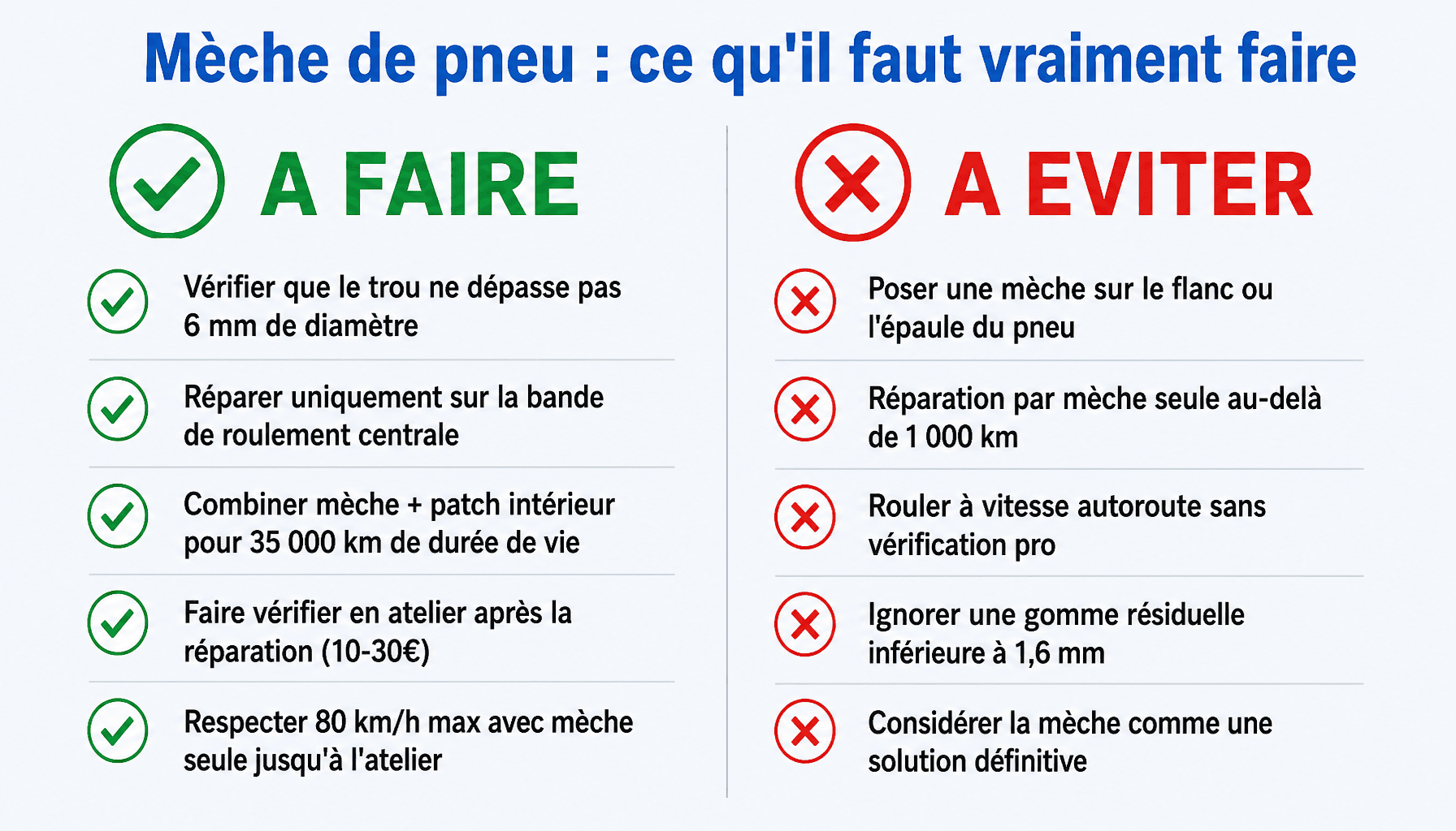 Infographie réparation pneu mèche durée de vie : à faire et à éviter pour une réparation fiable