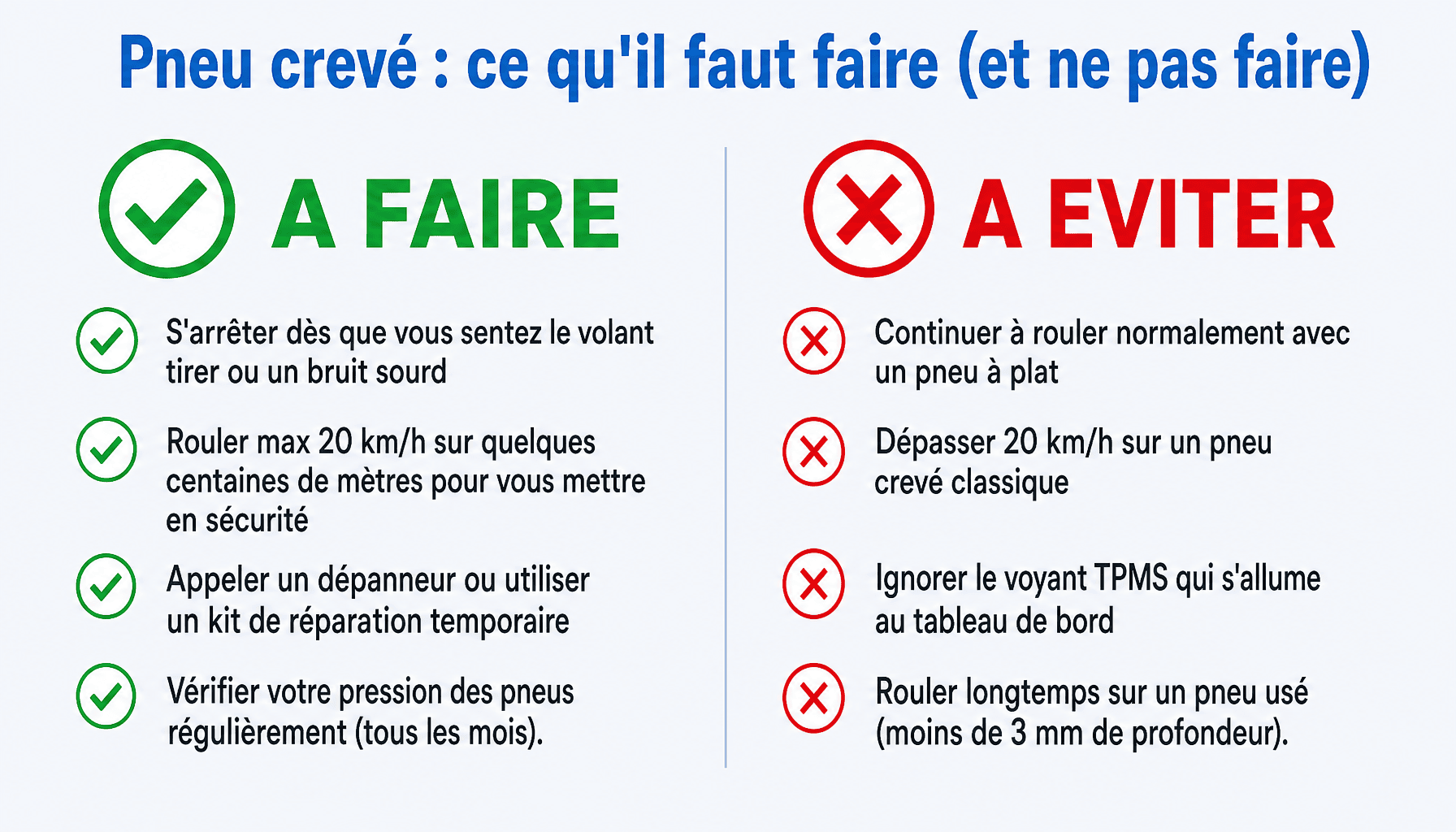Infographie rouler avec un pneu crevé : bonnes et mauvaises pratiques pour éviter les dégâts