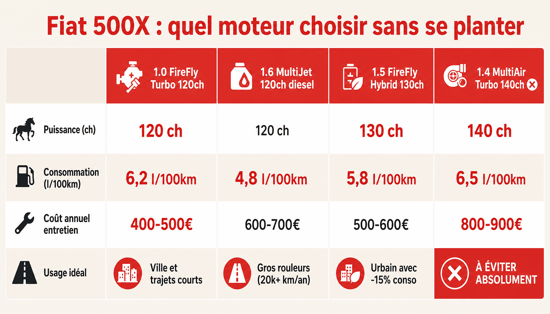 Comparaison des moteurs Fiat 500X : essence FireFly, diesel MultiJet et hybride pour bien choisir