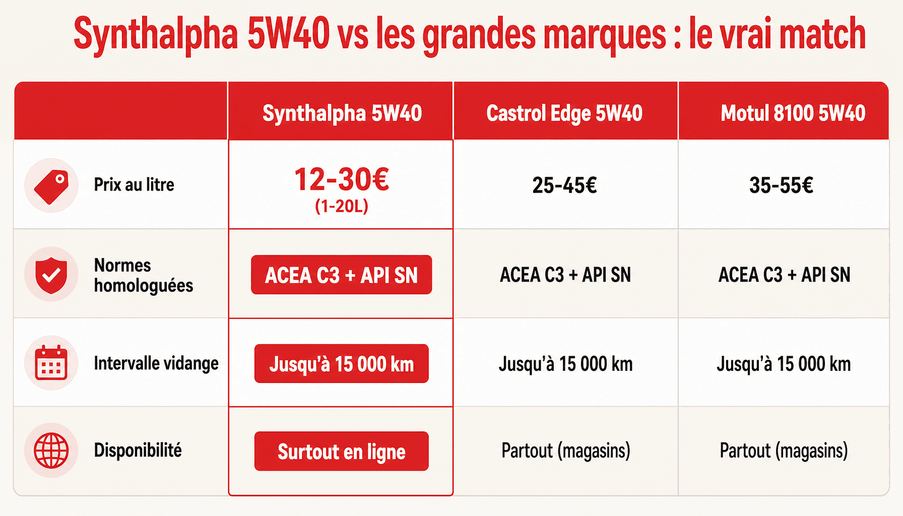 Comparaison huile moteur synthalpha 5w40 avis prix performance normes