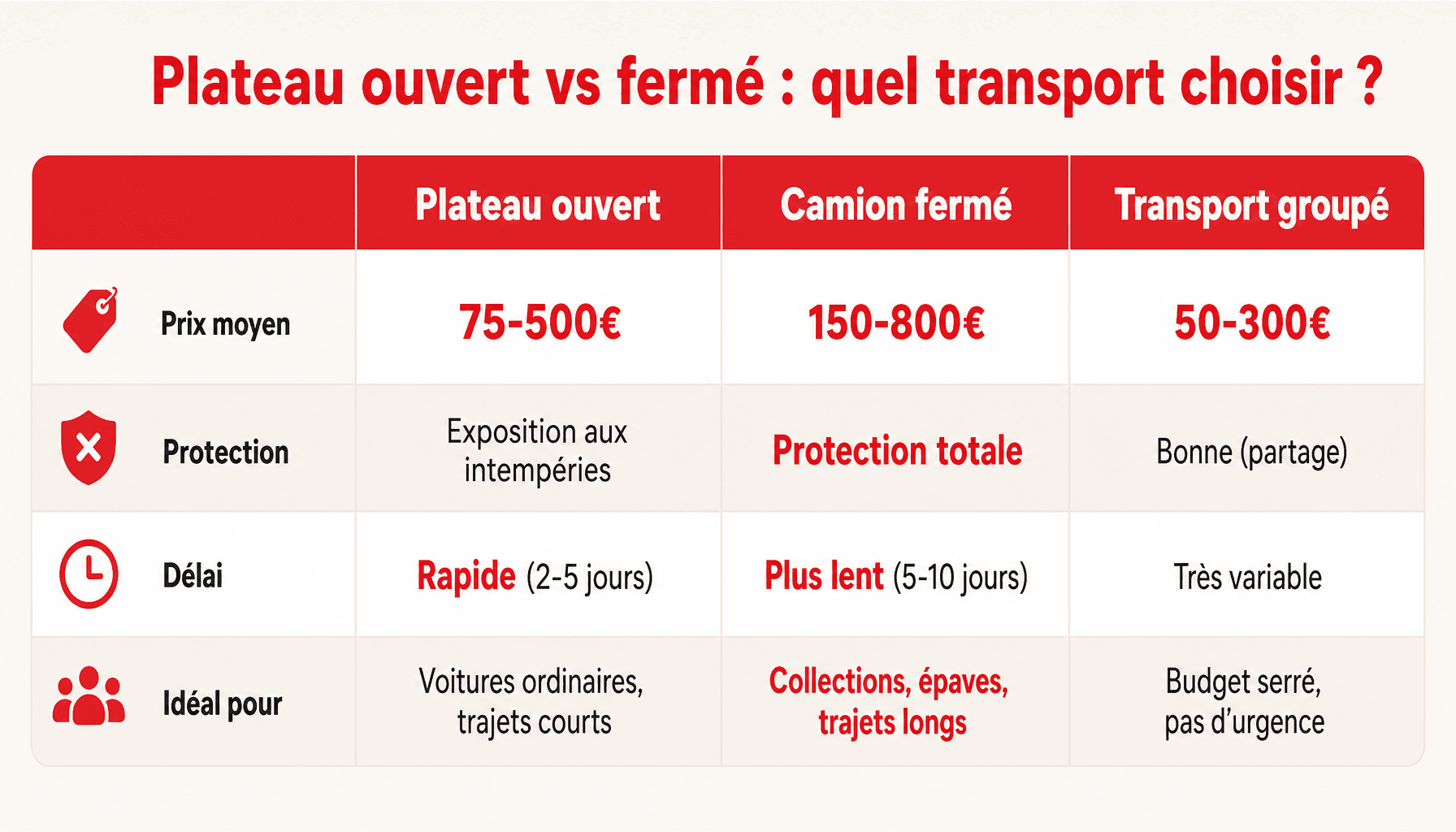 Comparaison transport voiture sur plateau prix : plateau ouvert vs camion fermé pour votre budget