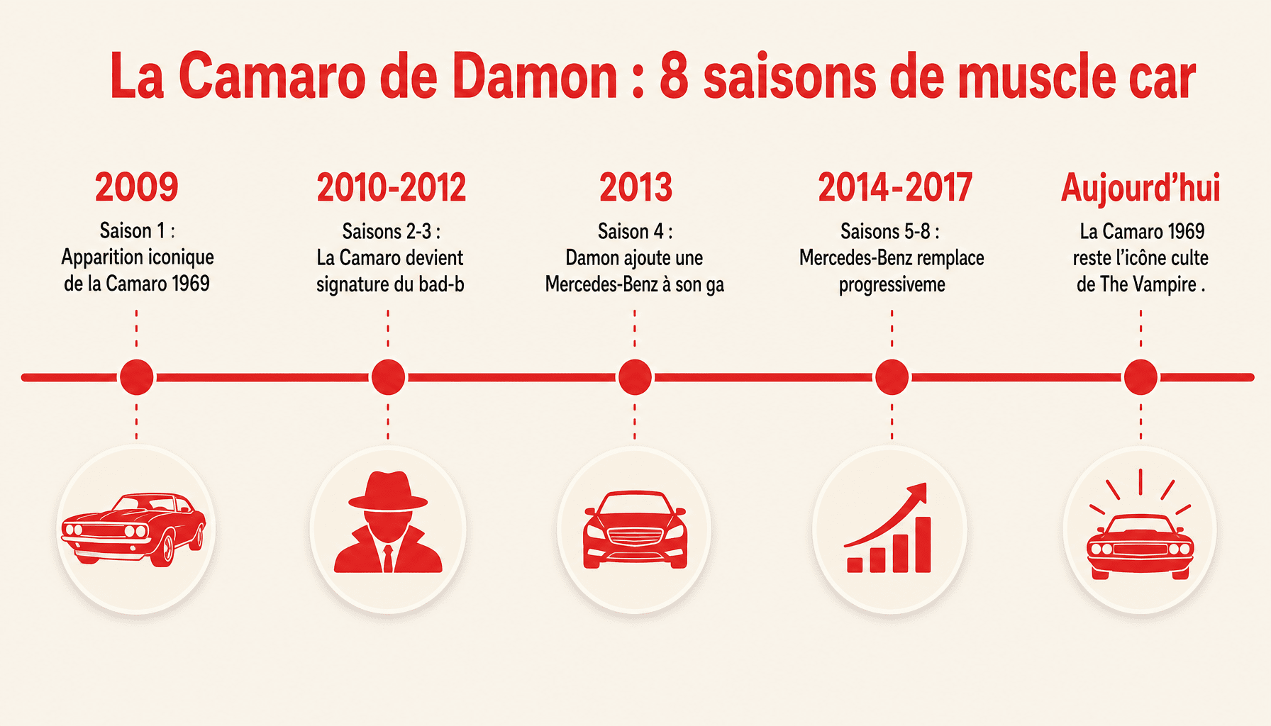 Evolution voiture Damon Salvatore Camaro 1969 Mercedes The Vampire Diaries saisons