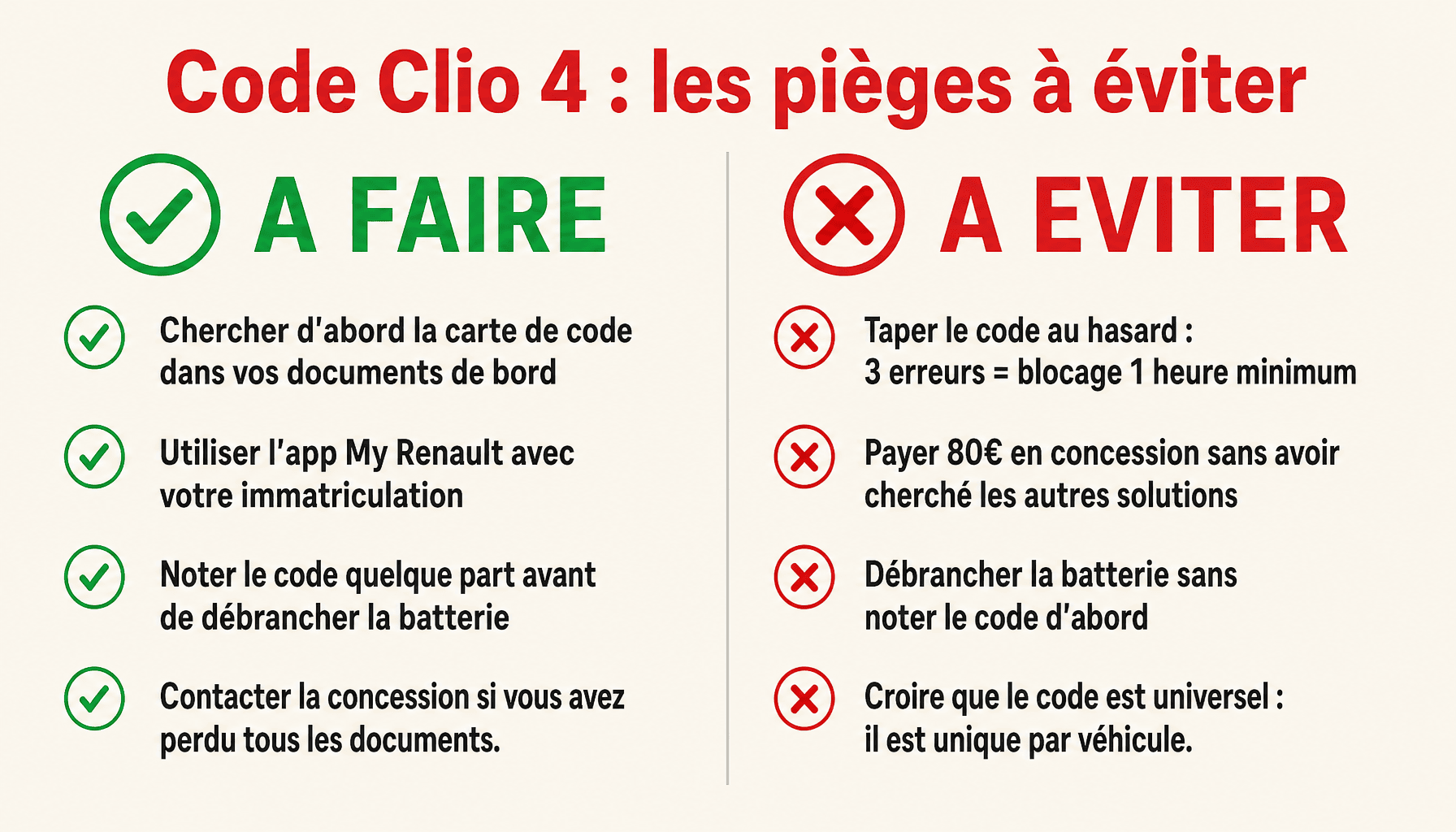 Infographie code authentification Clio 4 : bonnes pratiques et erreurs à ne pas faire