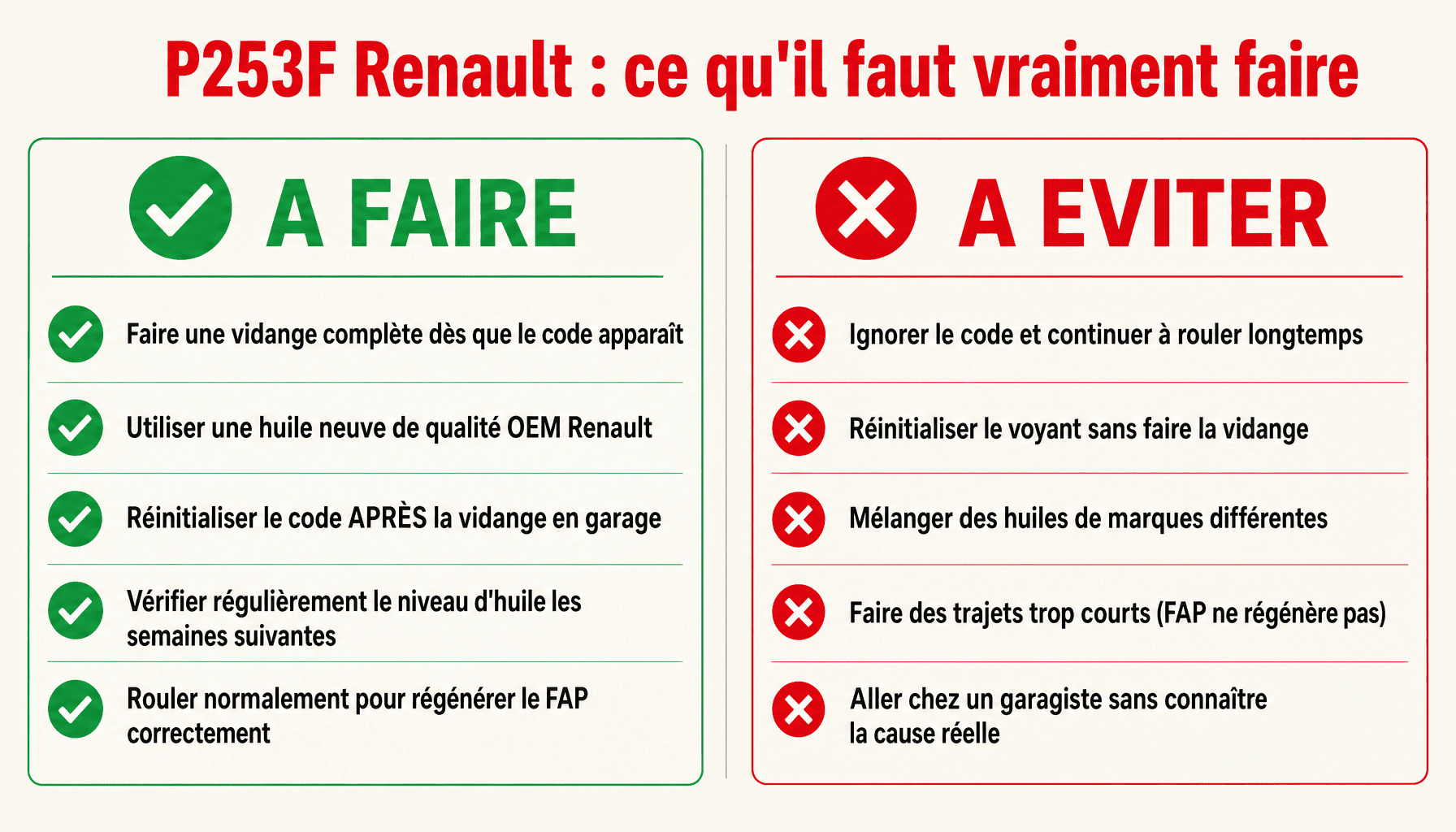 Infographie des bonnes et mauvaises pratiques face au code P253F Renault huile dégradée