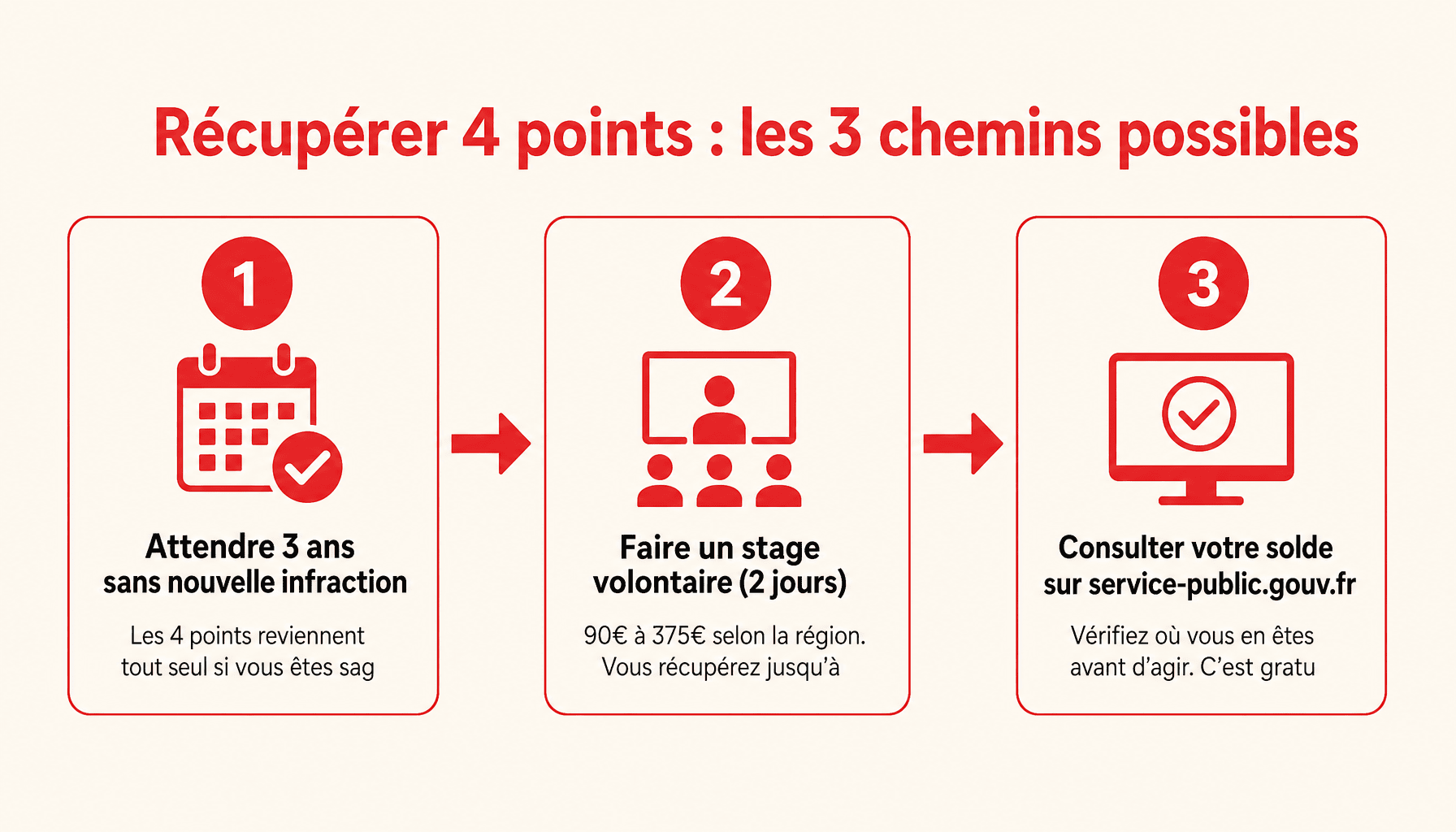 Infographie : combien de temps pour récupérer 4 points sur permis, 3 étapes et délais
