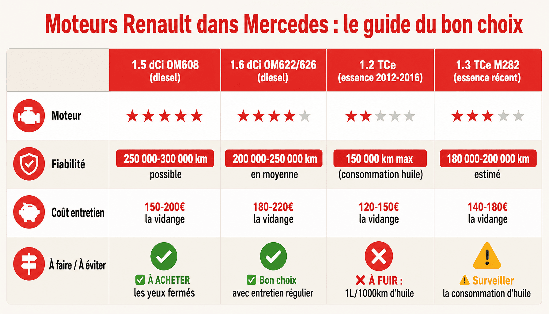 Comparaison fiabilité moteur Renault Mercedes : blocs à acheter vs à fuir, coûts et fiabilité