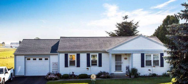 white ranch style home with gray roof