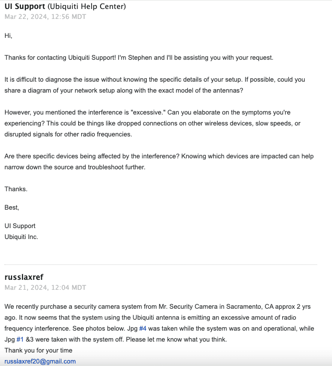 Ubiquiti support intake message requesting network details and symptoms