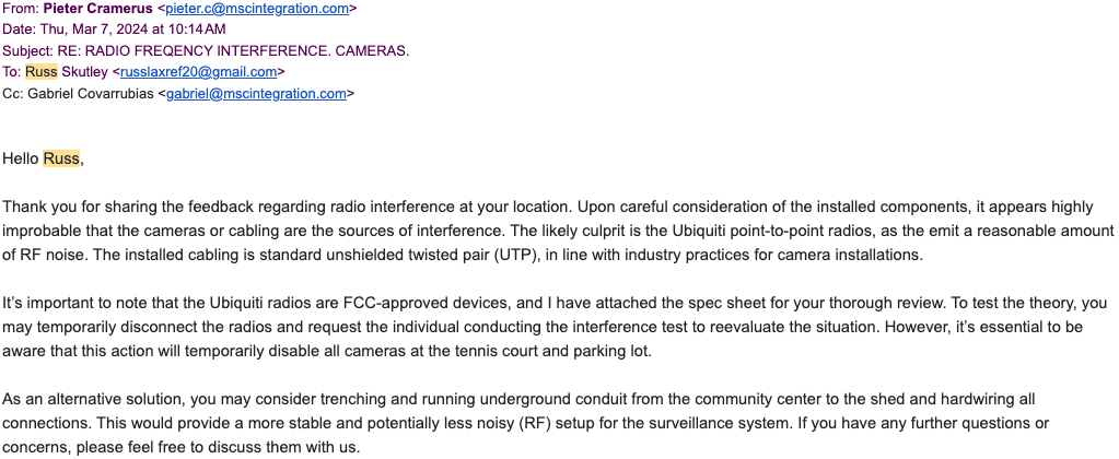 Email suggesting trenching and undergrounding conduit