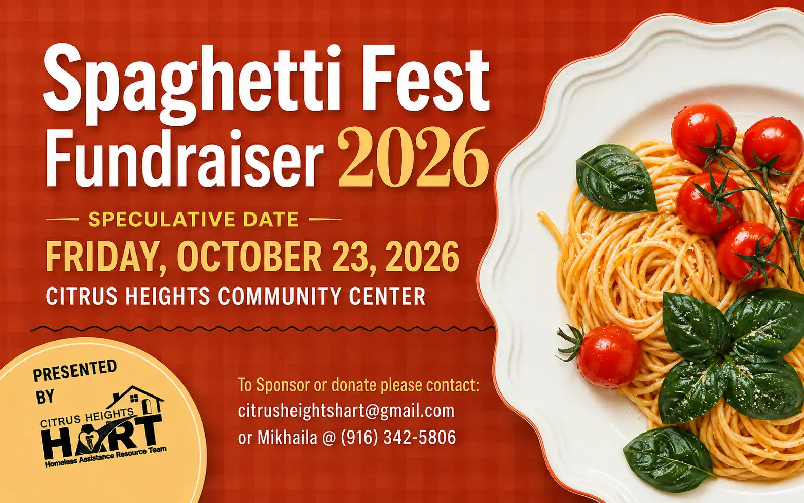 Spaghetti dinner fundraiser — plates of pasta with marinara and basil