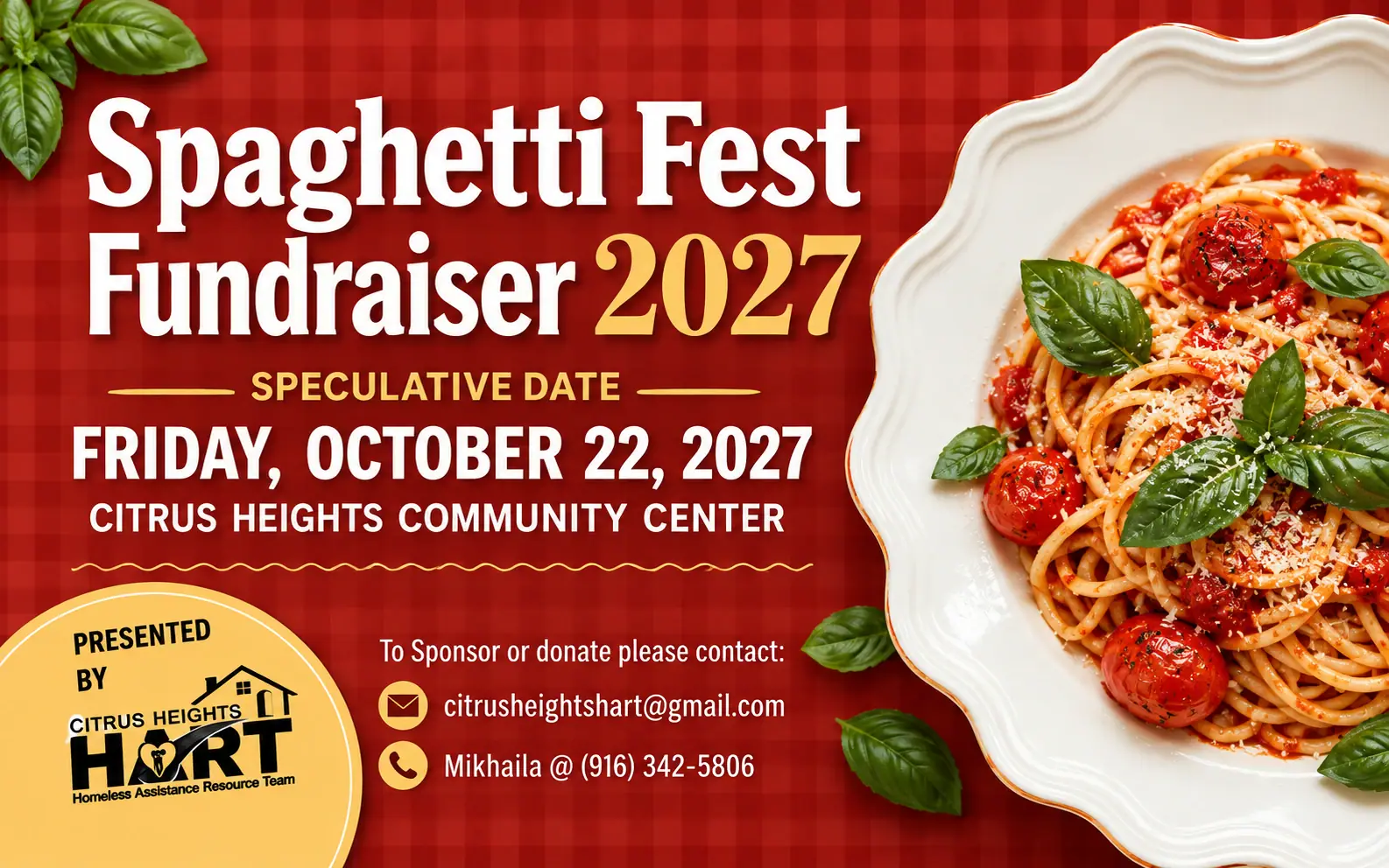 Spaghetti dinner fundraiser — plates of pasta with marinara and basil