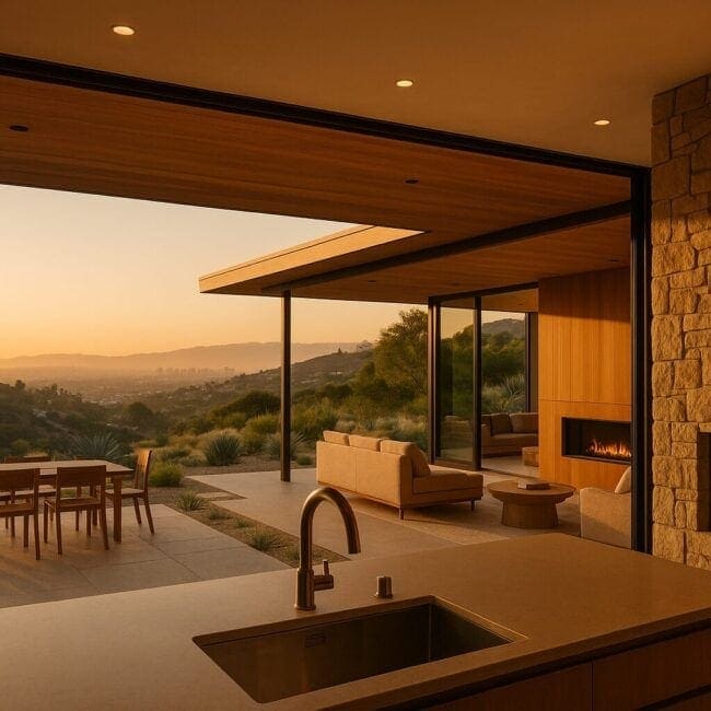 Wide-angle view of a modern hillside home with open living space, large glass doors, natural stone wall, wooden ceilings, and outdoor patio at sunset.