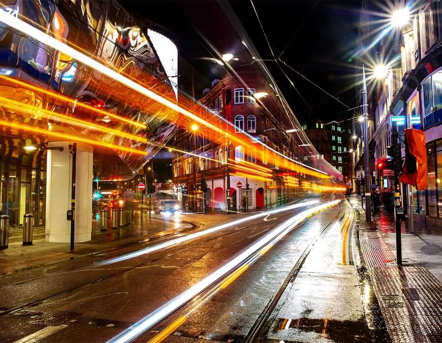 Lights in motion in a city