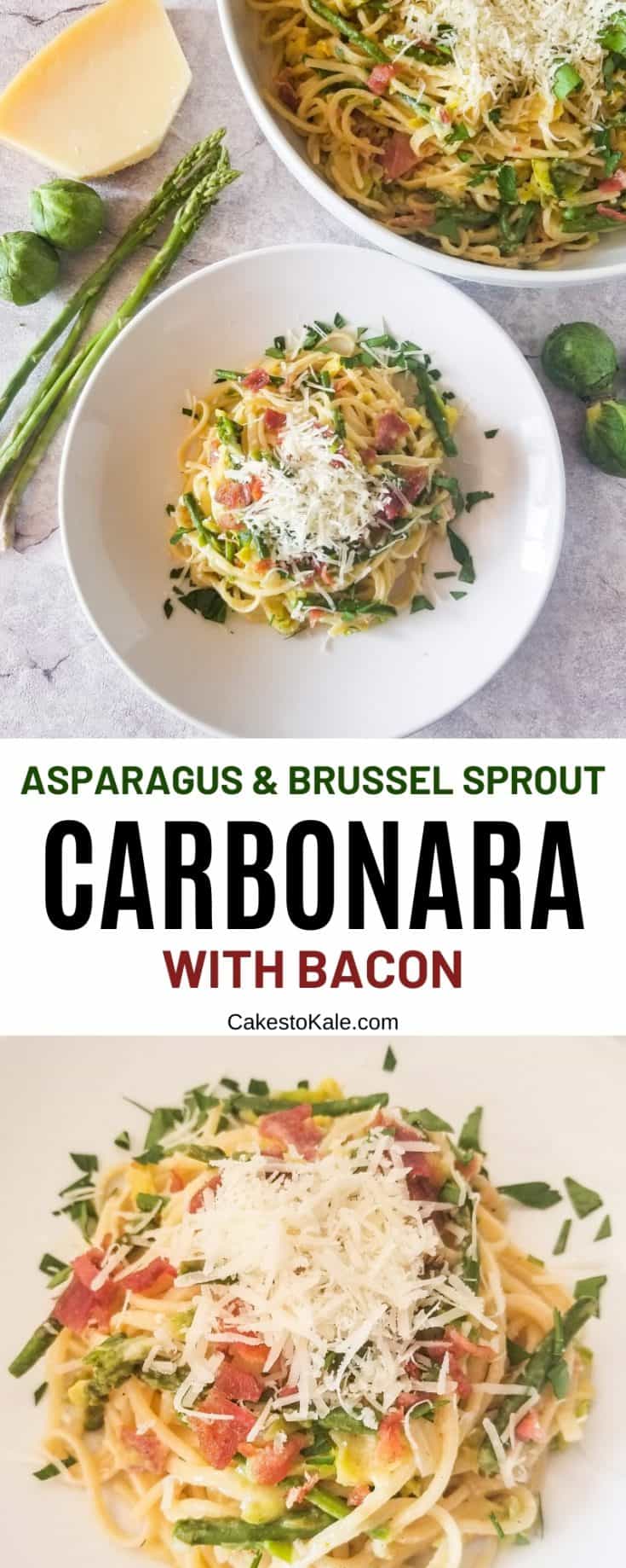 Asparagus & Brussel Sprout Carbonara with Bacon Cakes to Kale
