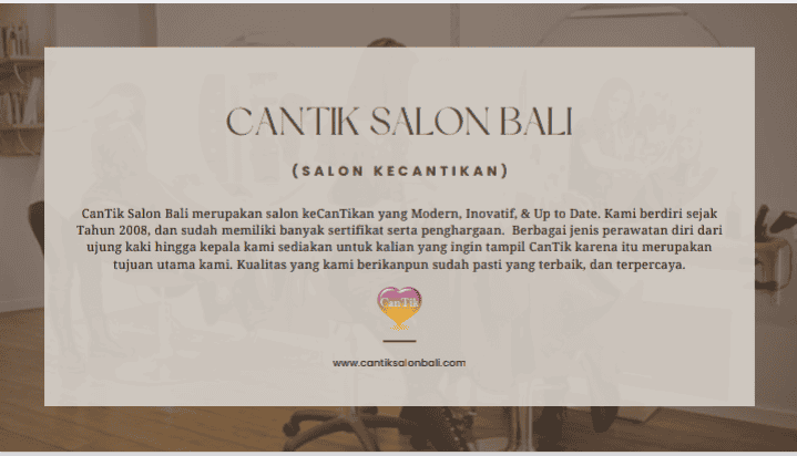 Logo dan tampilan halaman depan Cantik Salon Bali dengan latar ruangan salon kecantikan; teks bertuliskan ‘CANTIK SALON BALI (Salon Kecantikan)’ dan deskripsi singkat tentang salon