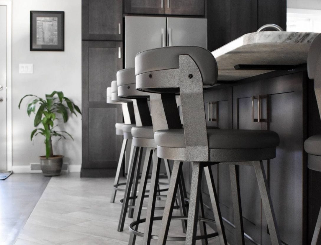 Gray kitchen color scheme with modern bar stools