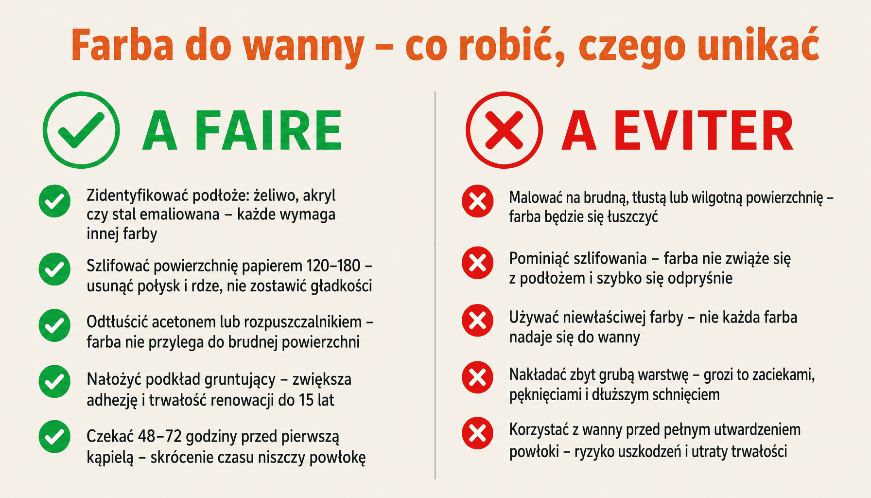 Infografika: zasady malowania wanny farbą epoksydową – kroki do wykonania i błędy do uniknięcia