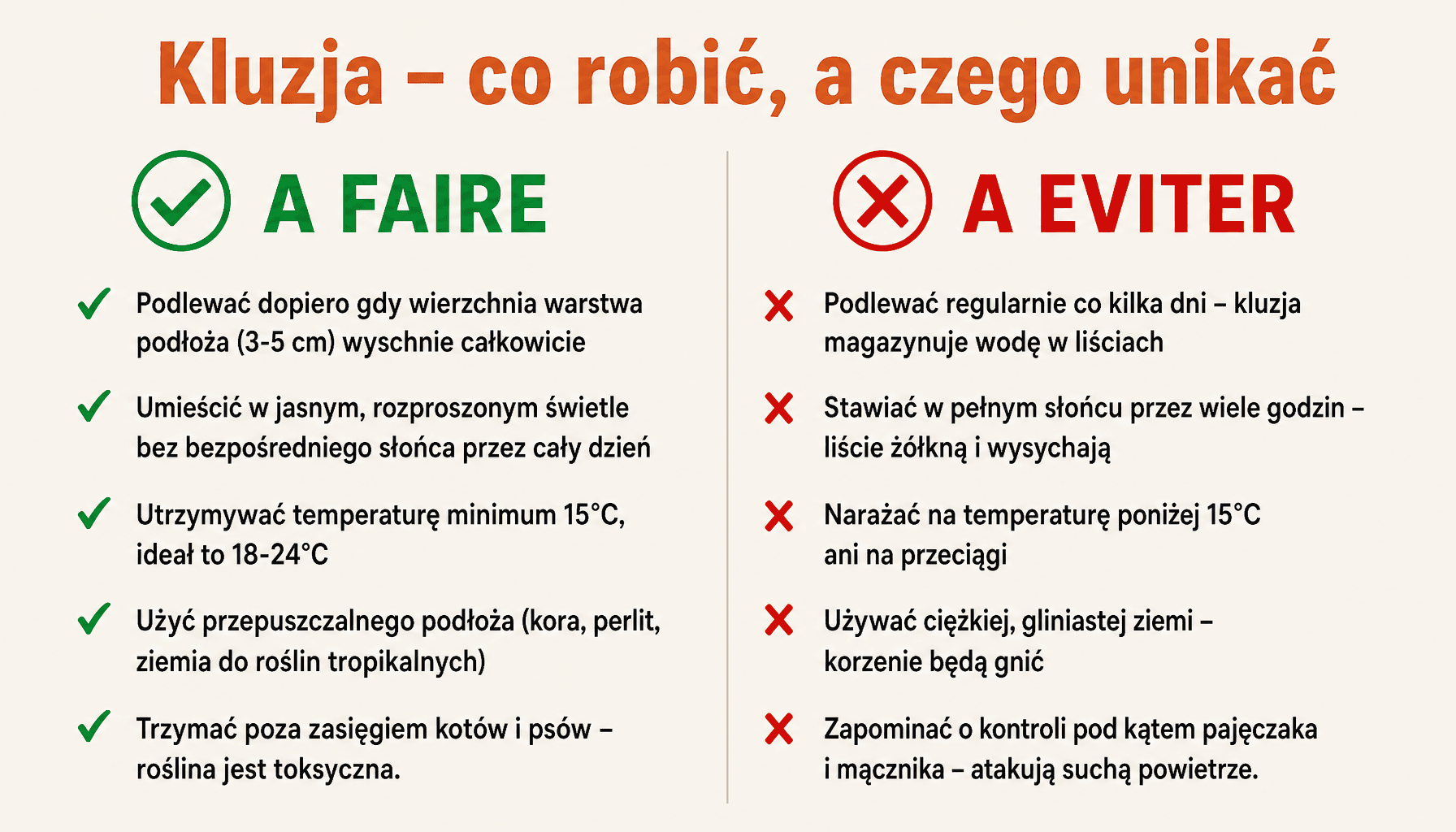 Infografika porównująca dobre i złe praktyki pielęgnacji kluzji (Clusia rosea) dla początkujących