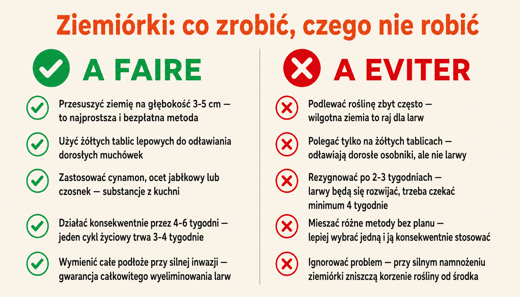 Infografika domowy sposób na ziemiórki - co robić i czego unikać przy zwalczaniu muchówek w doniczce