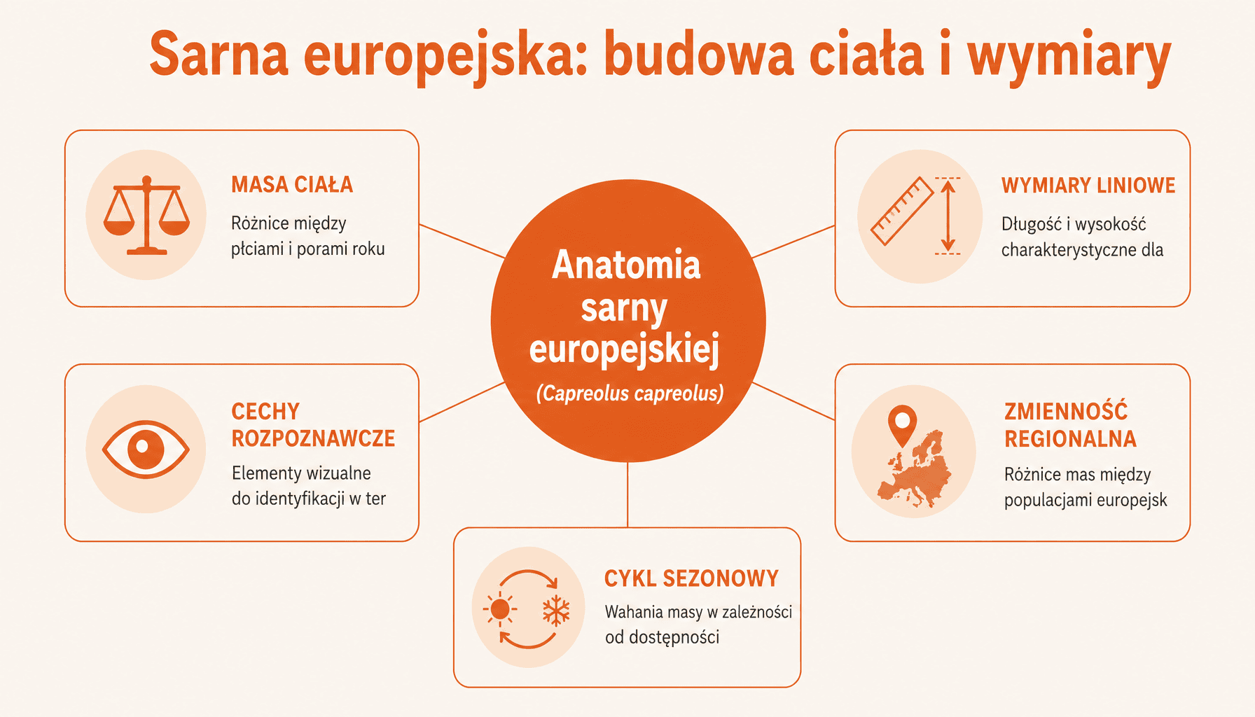 Ile waży sarna europejska - infografika z wymiarami ciała, masą samca i samicy oraz charakterystycznymi cechami morfologicznymi