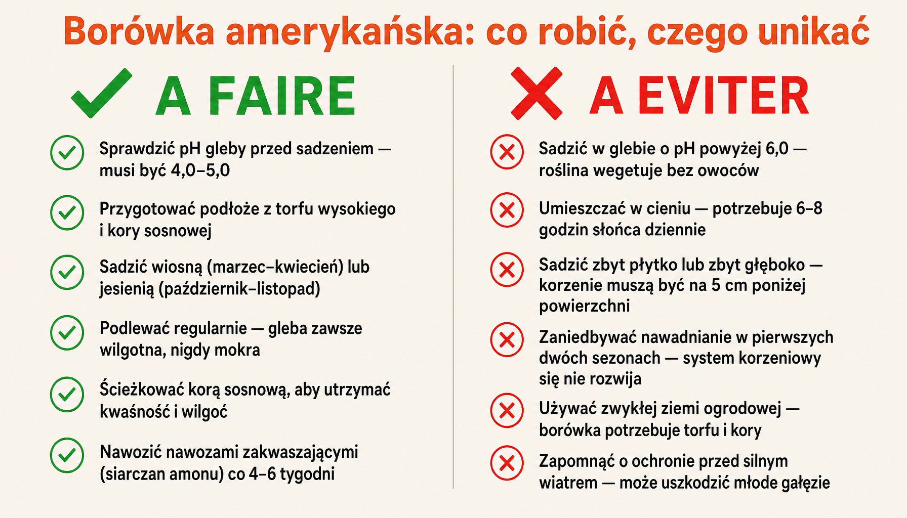 Infografika jak sadzić borówkę amerykańską - błędy i dobre praktyki dla początkujących ogrodników