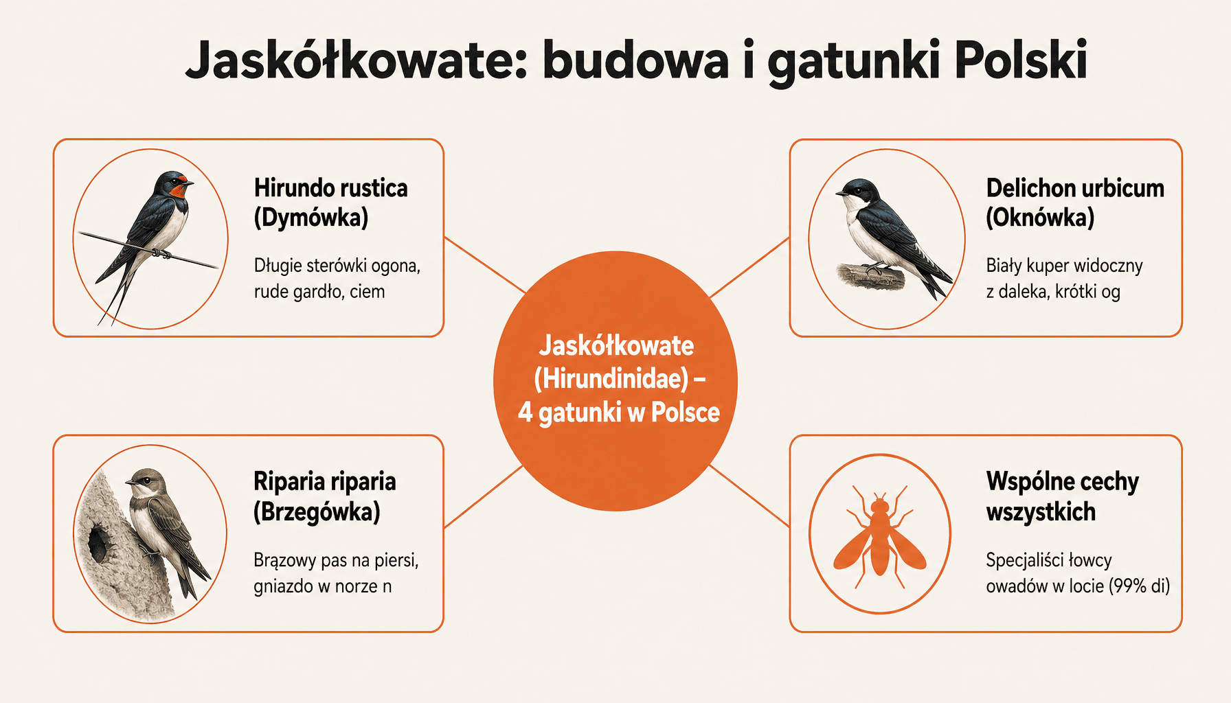 Infografika pokazująca rozkład jaskółkowatych na gatunki w Polsce, ich cechy morfologiczne i siedliska