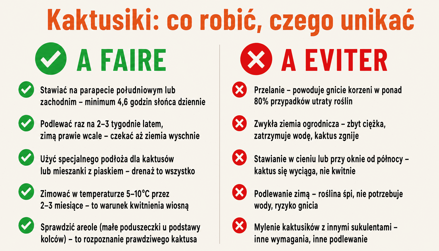 Infografika: błędy i zasady pielęgnacji kaktusików w domu - podlewanie, światło, podłoże