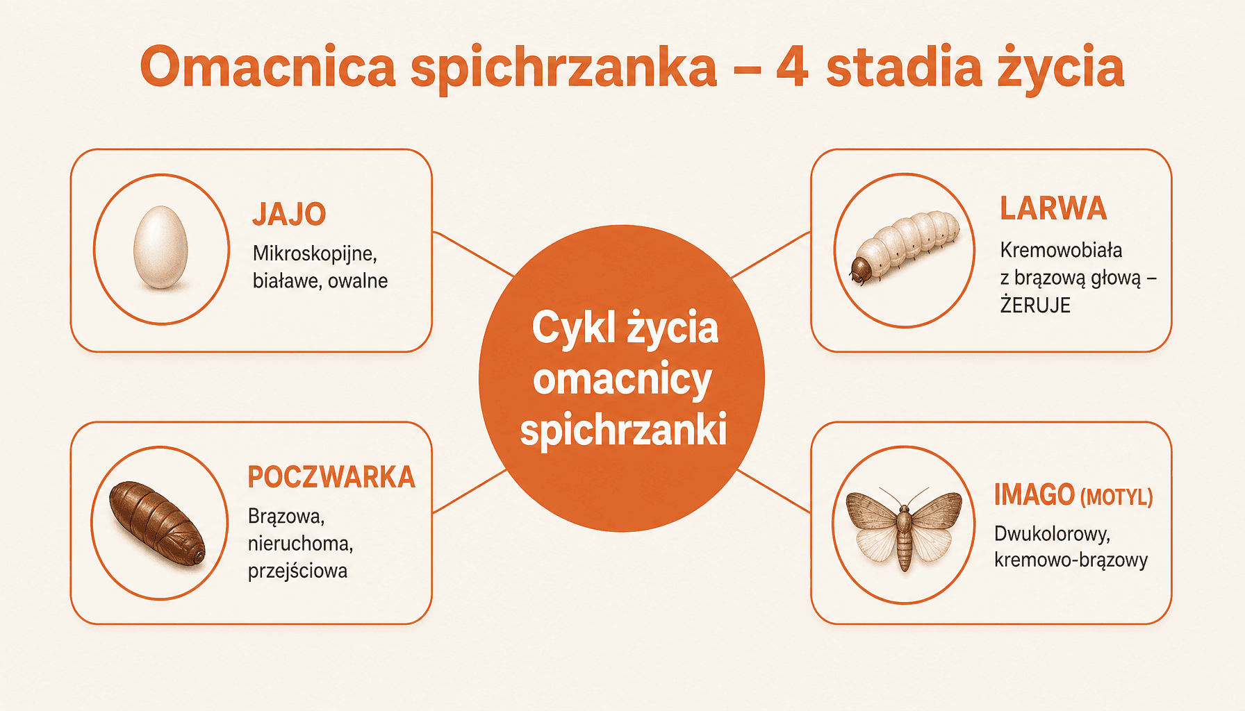 Infografika pokazująca cztery stadia rozwojowe omacnicy spichrzanki: jajo, larwę, poczwarkę i motyla dorosłego