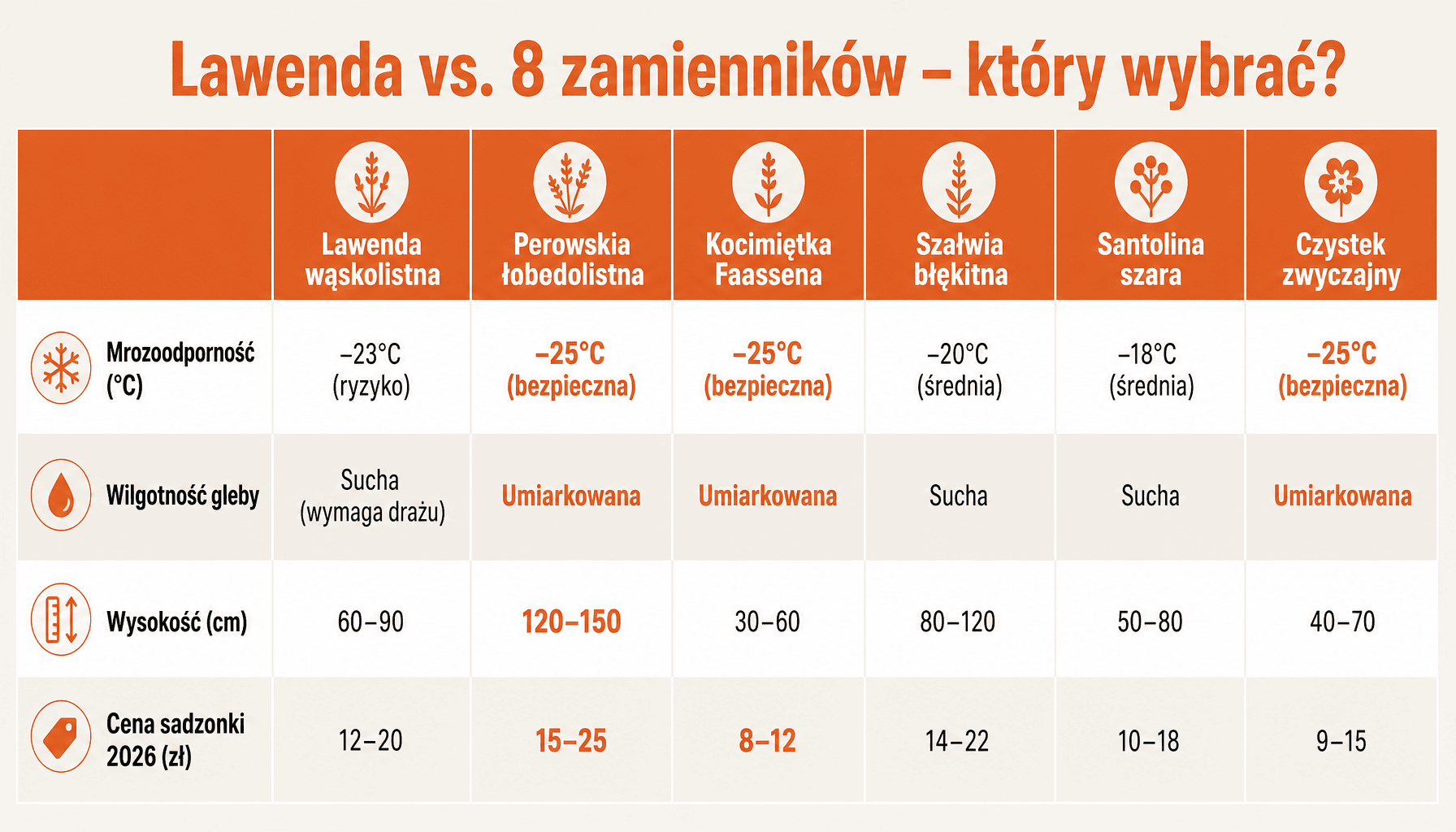 Porównanie rośliny podobna do lawendy z 8 zamiennikami: mrozoodporność, wilgotność, wysokość, cena 2026