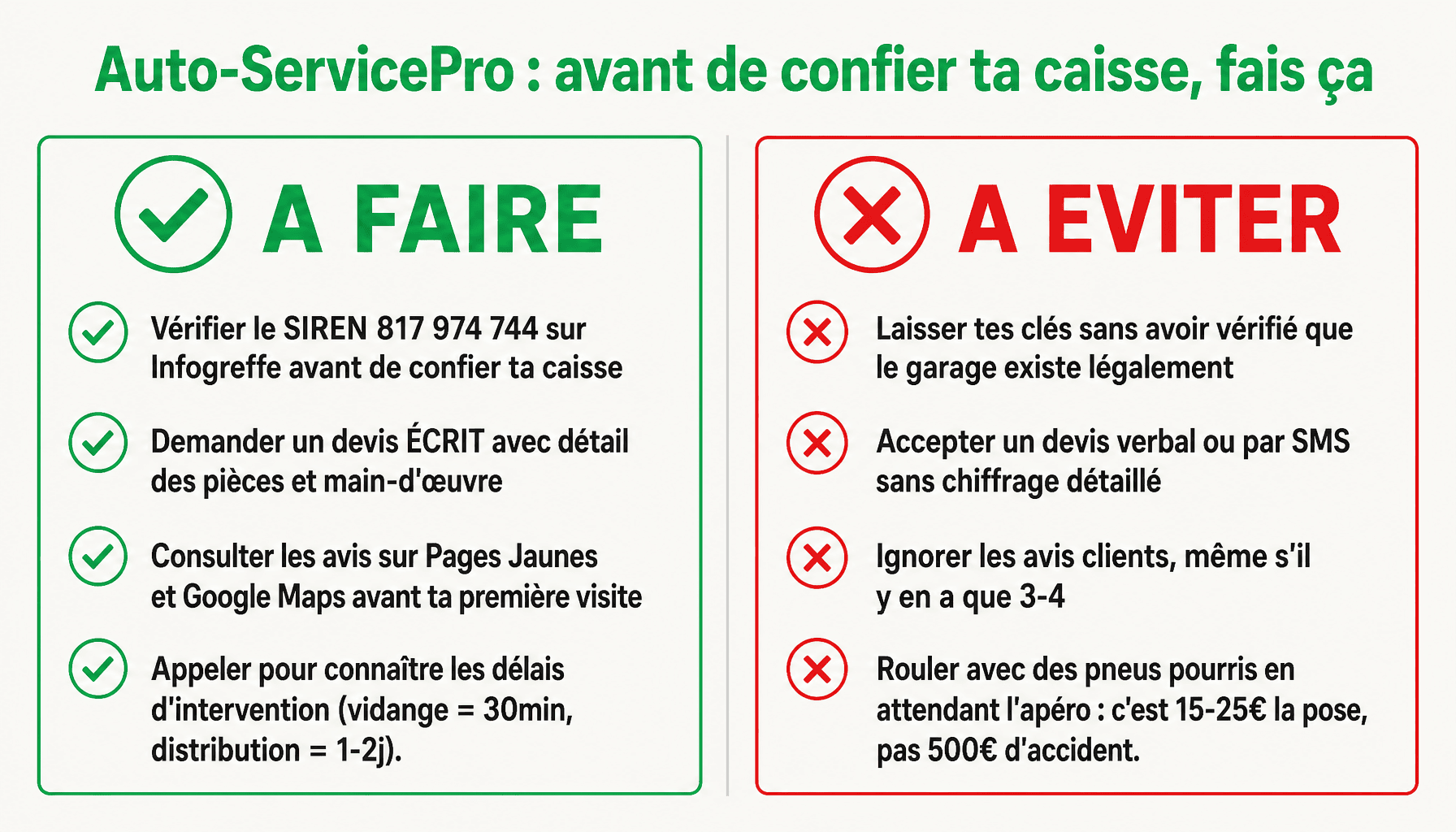 Checklist avant garage : vérifier SIREN auto-servicepro.fr, demander devis écrit, vérifier avis clients