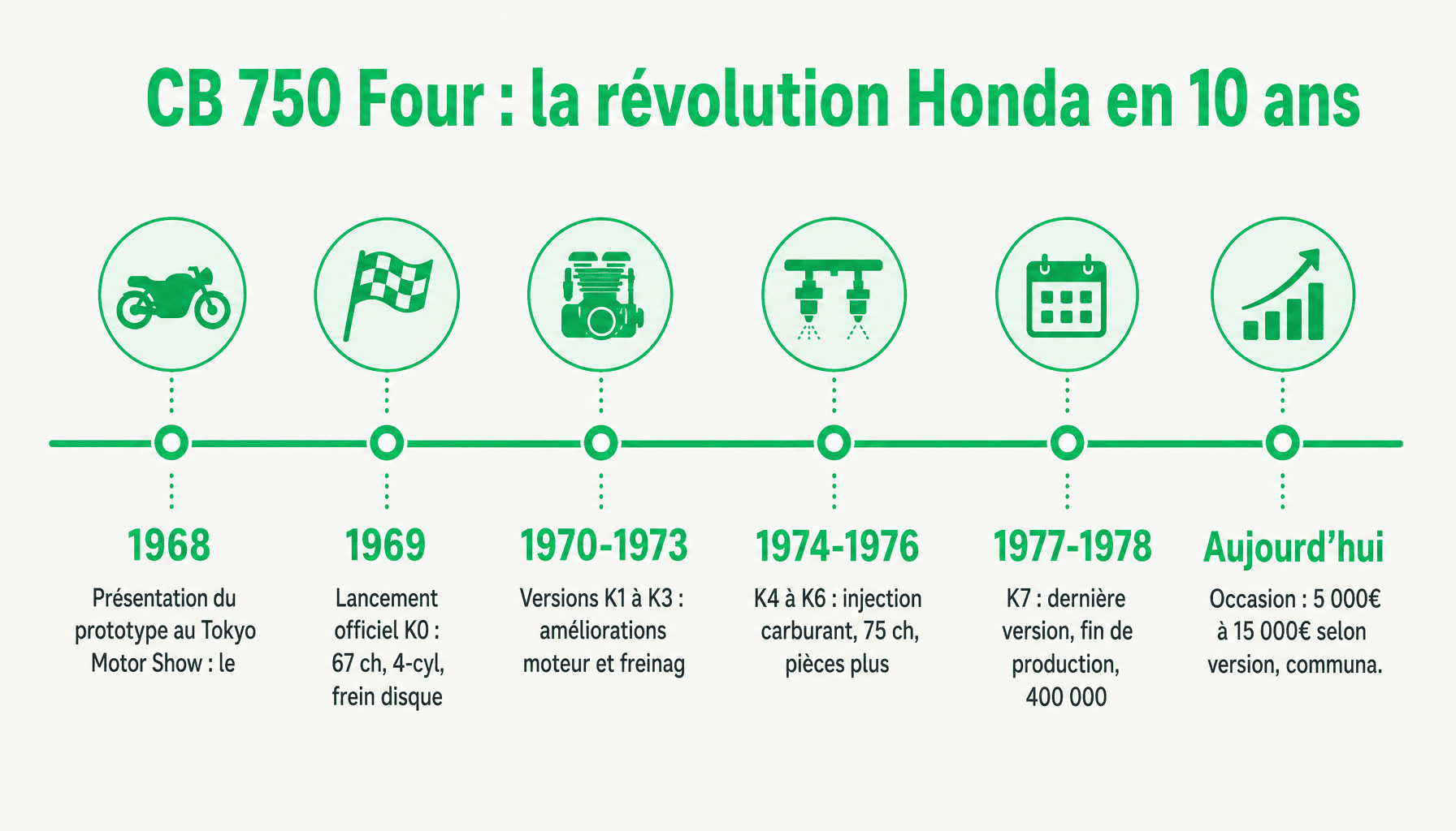 Frise chronologique de l'évolution de la Honda CB 750 Four de 1968 à 1978, le mythe japonais qui a changé la moto