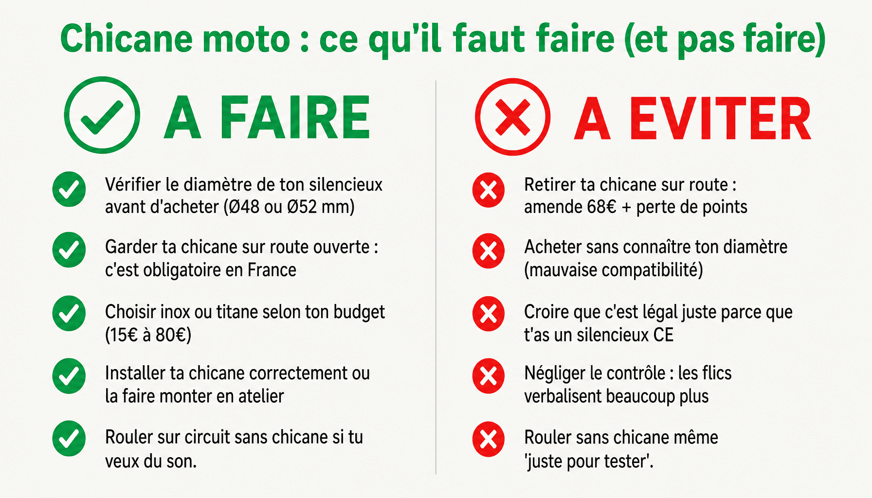 Infographie chicane moto : à faire et à éviter pour rouler légal en France