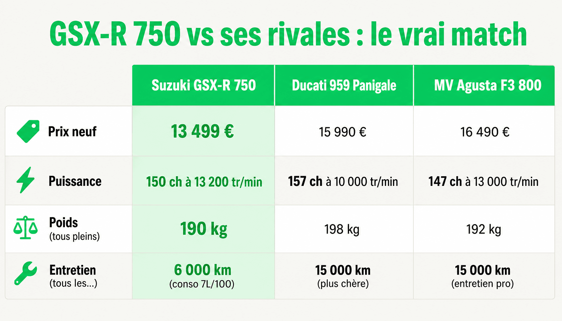Comparaison Suzuki GSXR 750 avec Ducati 959 Panigale et MV Agusta F3 : prix, puissance, poids, entretien