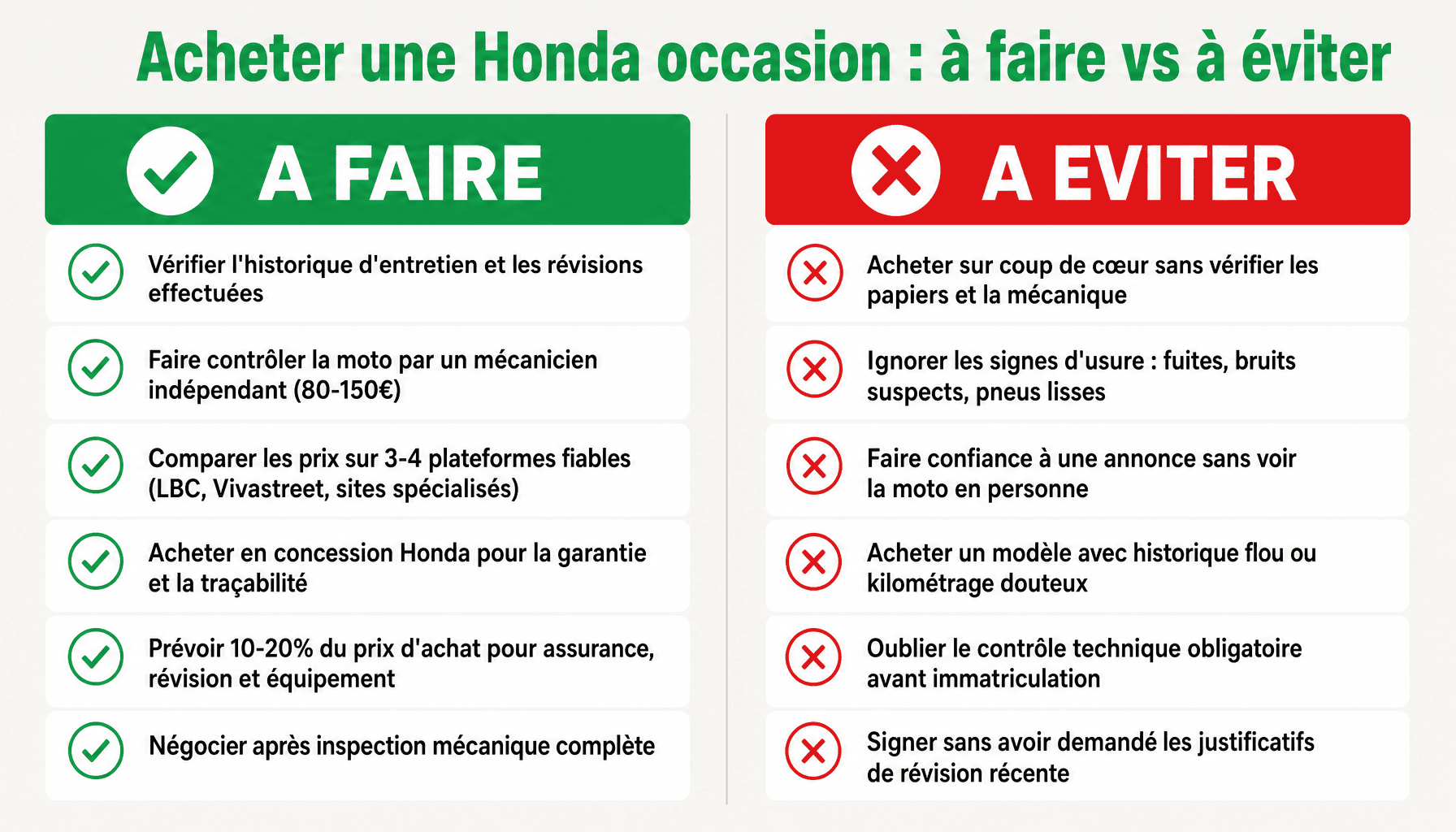 Guide pratique moto Honda occasion : checklist à faire et à éviter avant achat