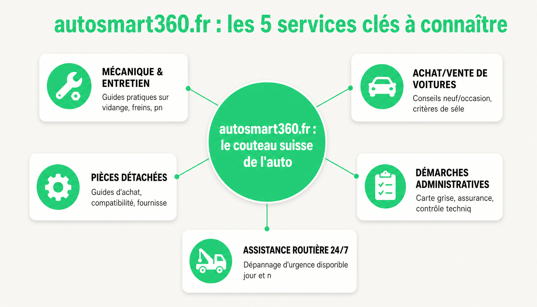 Infographie des services autosmart360.fr : mécanique, pièces détachées, achat/vente, démarches admin, assistance 24/7