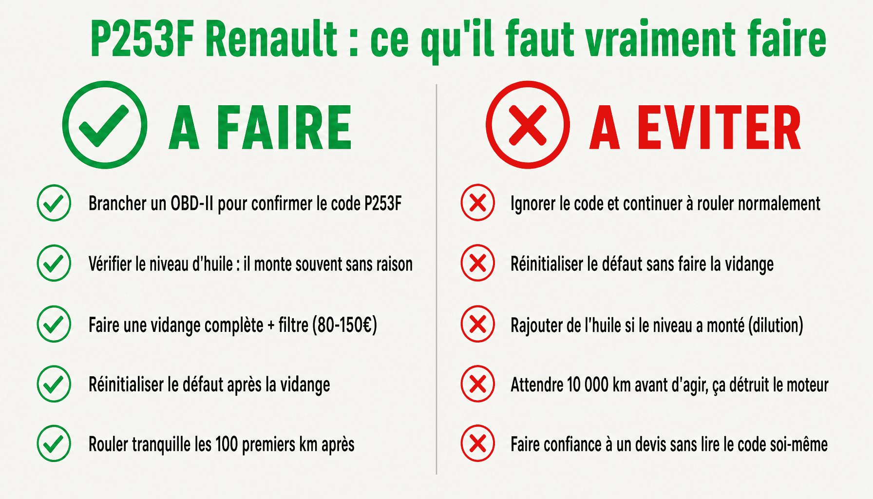 Infographie p253f renault : actions à faire et erreurs à éviter pour huile dégradée
