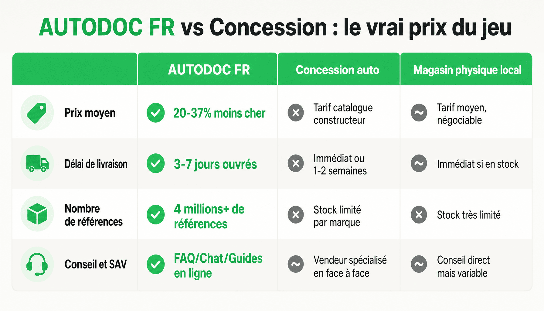 Comparaison prix délais et service entre AUTODOC FR et concession automobile pour pièces détachées