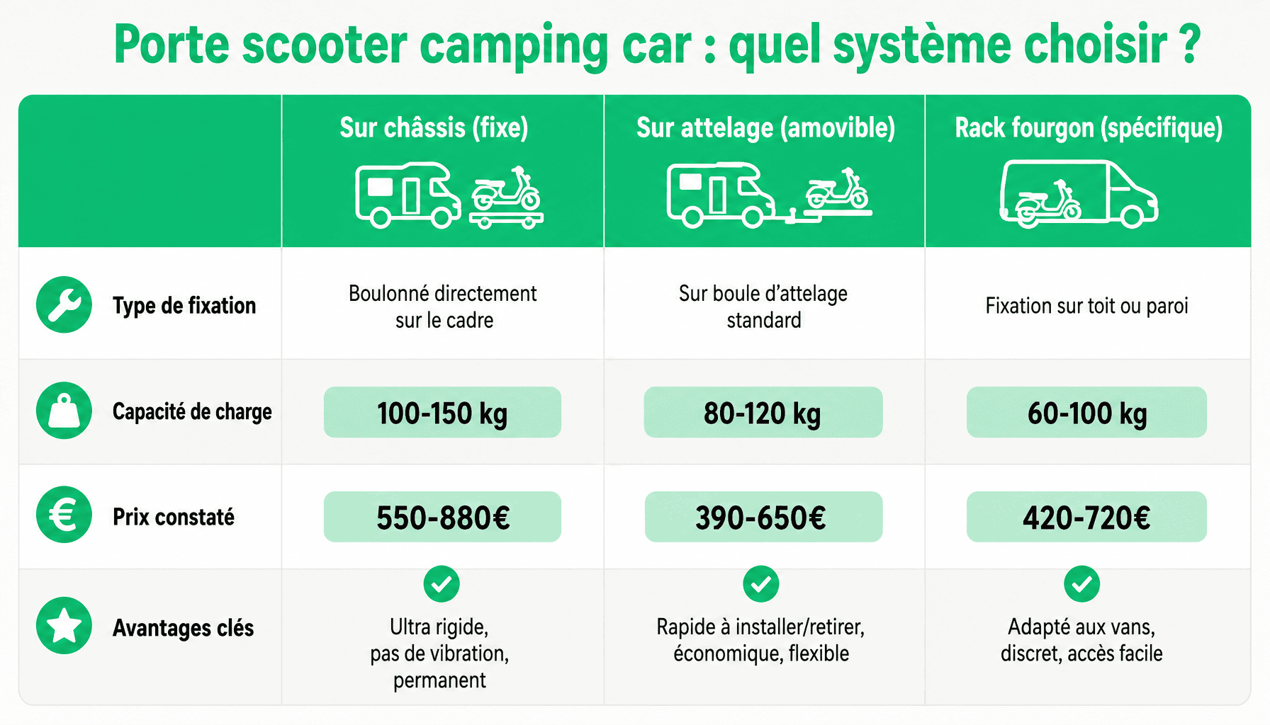 Comparaison des 3 types de porte scooter sur camping car : châssis, attelage, rack fourgon avec prix et capacité