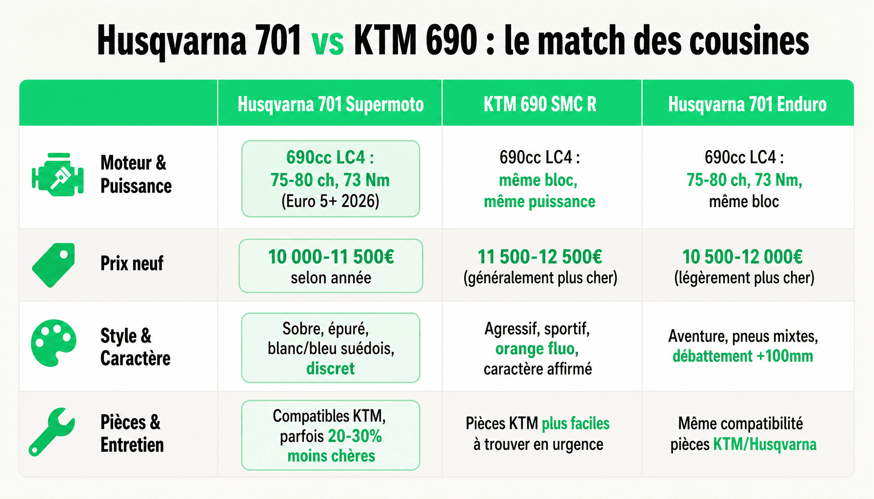 Comparaison Husqvarna moto 701 Supermoto et KTM 690 SMC R : moteur, prix, style et performances