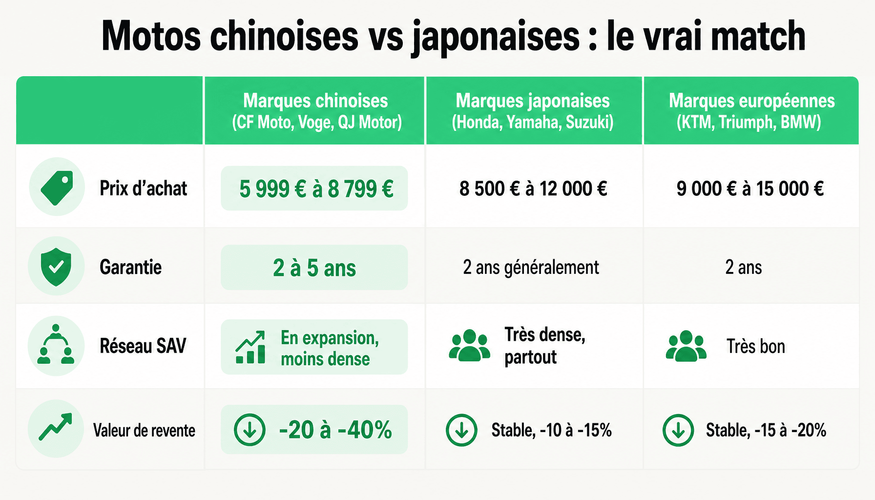 Comparaison marque moto chinoise CF Moto Zontes Voge QJ Motor prix garantie fiabilité