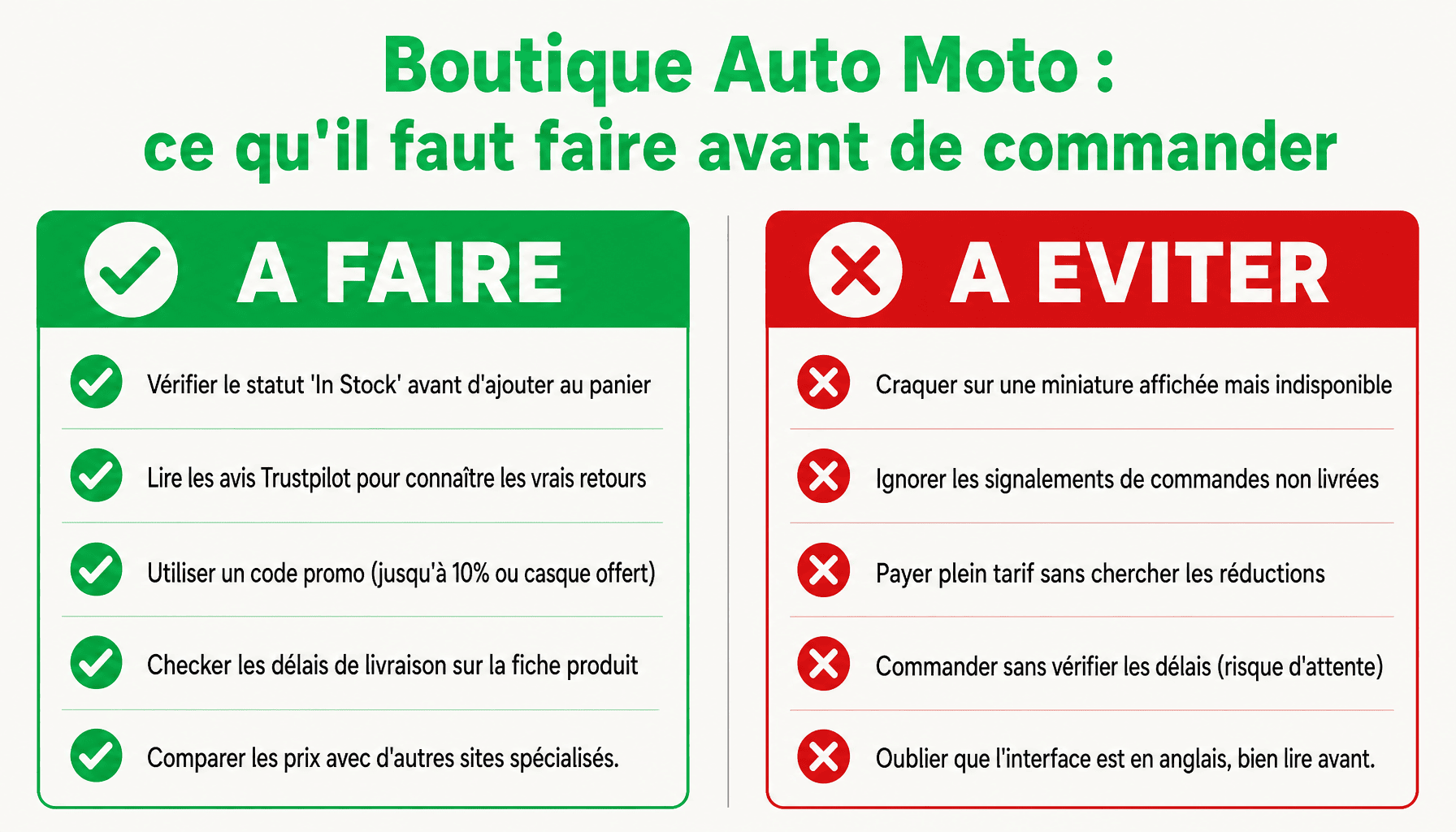 Guide pratique pour bien acheter sur boutique auto moto : vérifier le stock, les avis, les codes promo et les délais de livraison