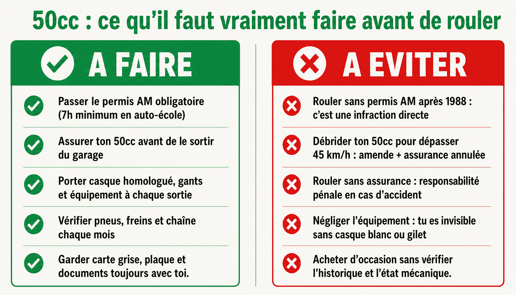 Infographie cyclomoteur 50 cm3 : checklist à faire et à éviter pour débuter légalement