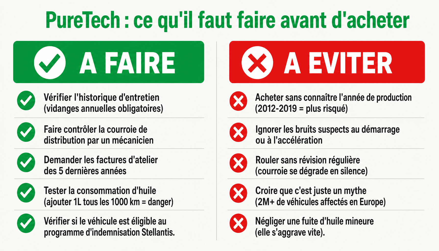 Infographie moteur PureTech : checklist à faire et à éviter avant achat voiture occasion