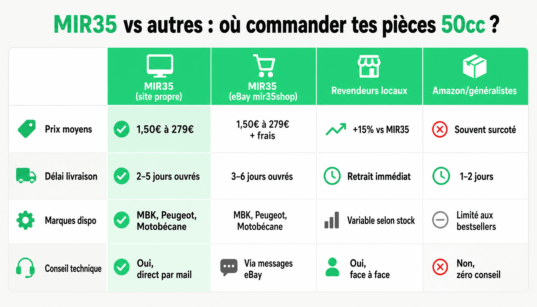 Comparaison mir35 vente en ligne de pièces cyclomoteur : prix, délais, marques disponibles