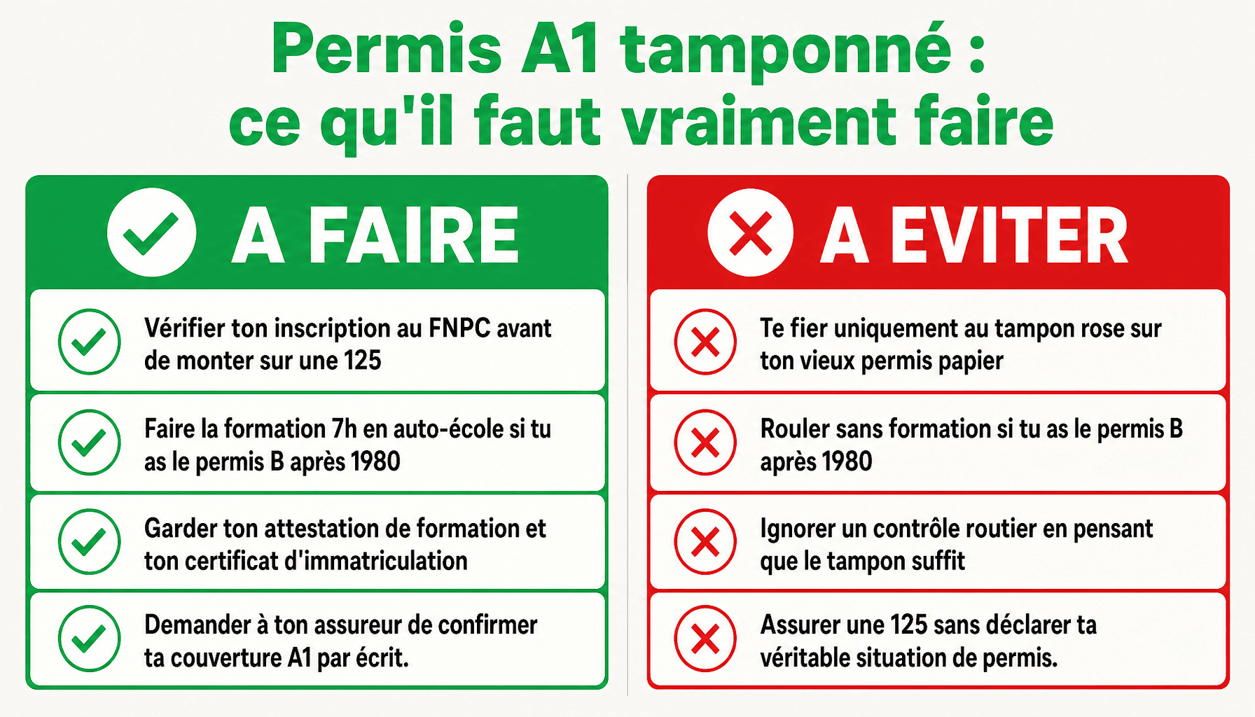 Infographie permis A1 tamponné sans formation : à faire et à éviter pour rouler légal en 125cc