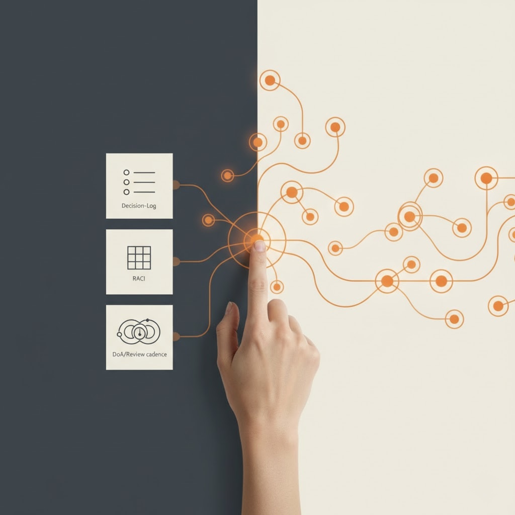 Team verknüpft Decision-Log, RACI und KI-Assist im Review-Takt