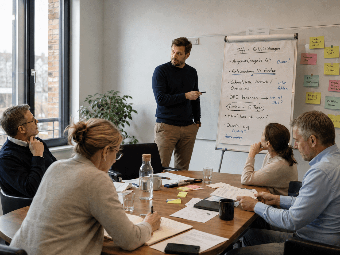 Inhouse-Workshop mit Führungsteam, Flipchart, Sticky Notes und Arbeitsmaterialien zu offenen Entscheidungen, Ownern, Schnittstellen und Review