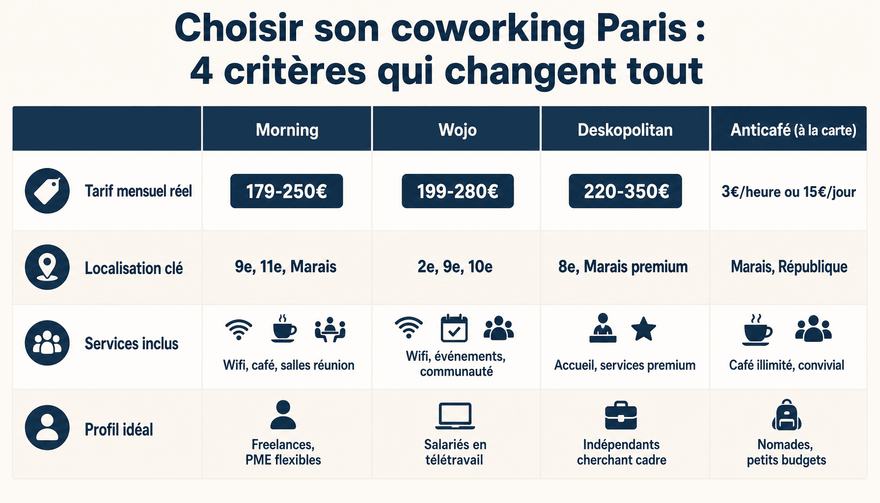 Comparatif des meilleur coworking Paris : tarifs, localisation, services et profil idéal